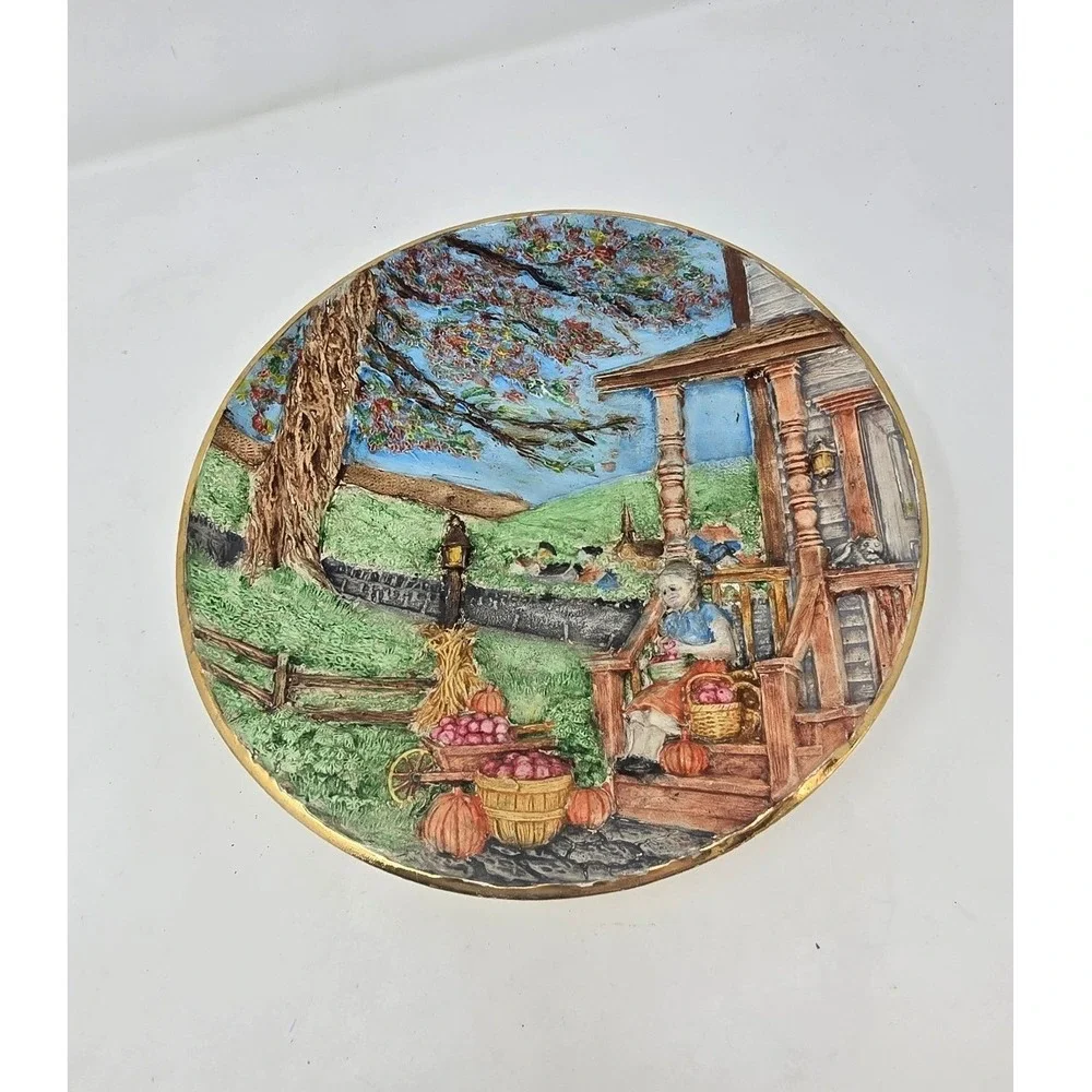 Vtg byron molds plate apples picking pottery wall hanging hand painted farmhouse